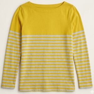 LOFT Petite Medium Yellow White Stripe Long Sleeve Boat Neck Cotton Top